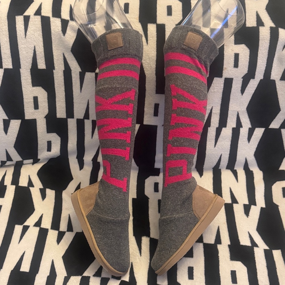 PINK Victoria's Secret Gray and Pink Knee-High Boots
